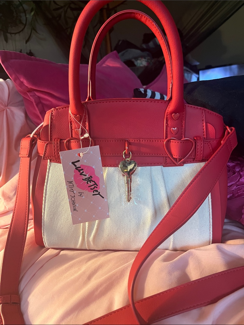 Bright Red and Cream Two-Tone Satchel Bag